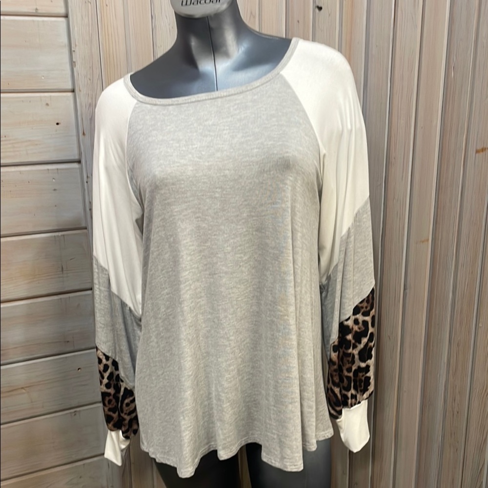 Magic Fit Gray and Brown Oversized Long Sleeve Blouse